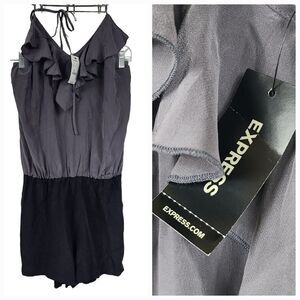 Express NWT Silk Romper Gray Ruffled Halter V-Neck Strappy Sleeveless Party Club